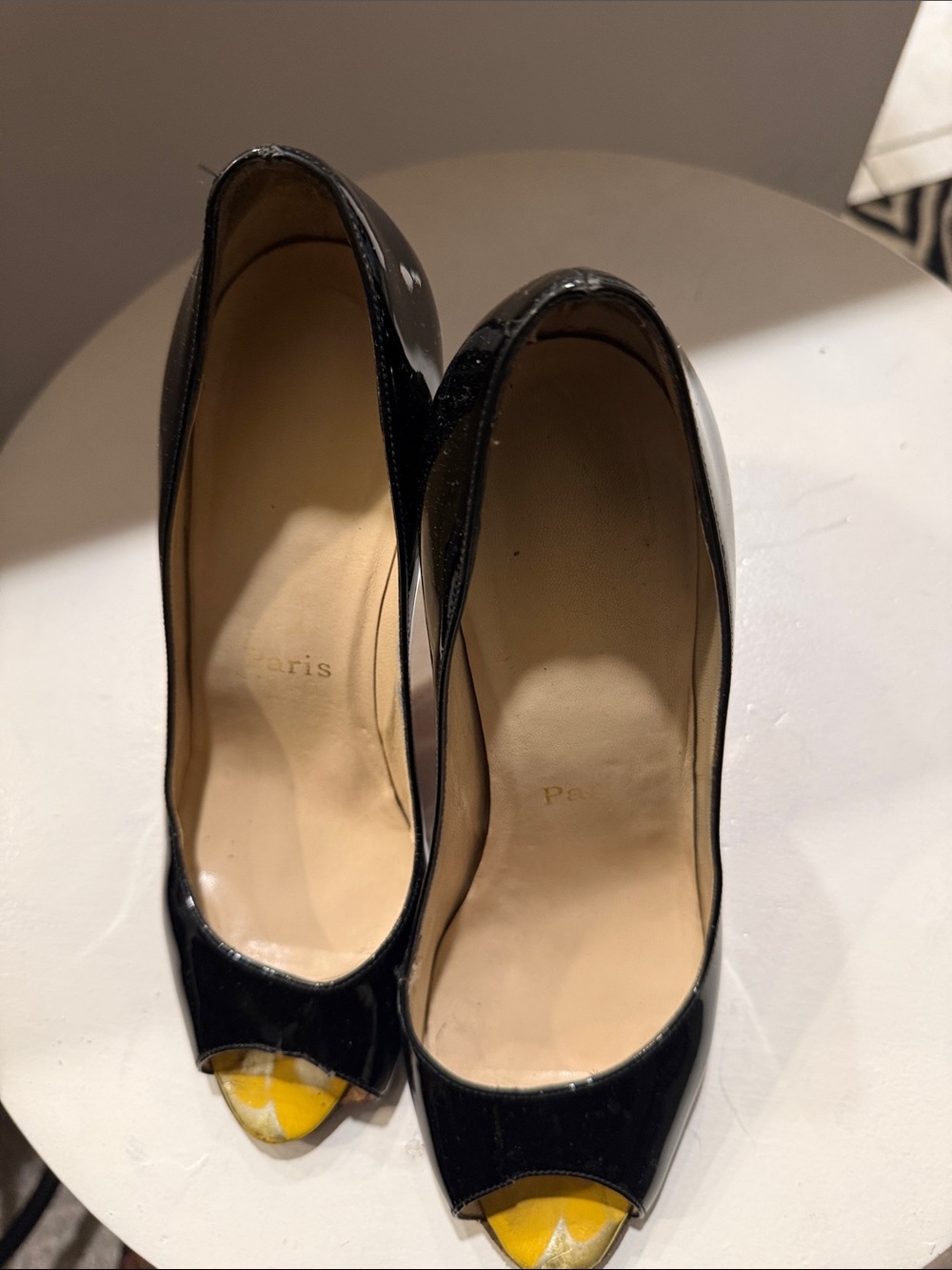 Christian Louboutin Black Patent Peep-Toe Heels euro 38